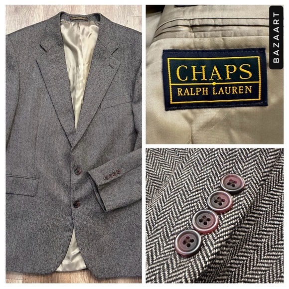 VTG Chaps Ralph‎ Lauren 46T 100% Wool Tweed herringbone 2 Button Blazer Jacket - Picture 1 of 12